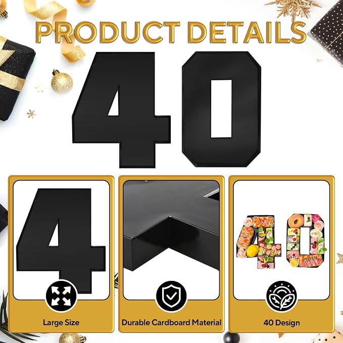 Cardboard Number for Charcuterie 40 Set Fillable Tray 10.2'' Black Charcuterie Paper Box for 40th Birthday Anniversary Party Decorations Chocolate Candy Cupcake Container