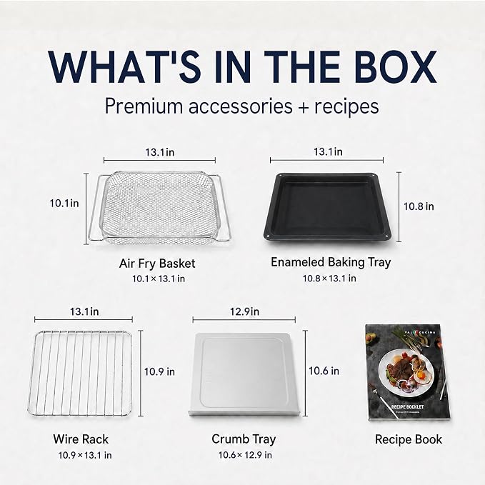 VAL CUCINA Infrared Heating 26.3 QT Air Fryer Toaster Oven, Large Countertop Convection Oven 10-in-1 Combo, 6-Slice Toast, Enamel Baking Pan Easy Clean with Recipe Book, Black Matte Stainless Steel