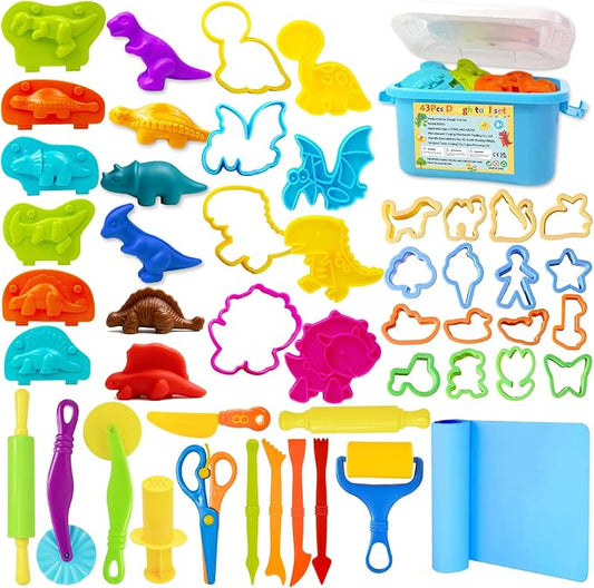 LCY WEDSHI Playdough Tool Set, 43 Pcs Play Dough Tools Sets for Kids Ages 4-8 with Storage Container, Dough Accessories Includes 3D Dinosaur Molds, Animal Molds, Cutters Roller, Rolling Pins