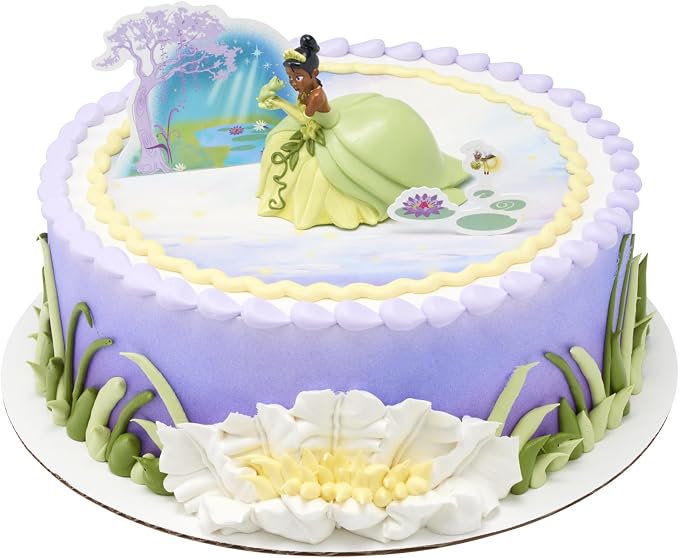 DecoSet® Disney Princess Tiana Cake Topper, 3-Piece Cake Decoration With Tiana And Frog Figurine, Water Lily Pic, And Background Scenery Pic