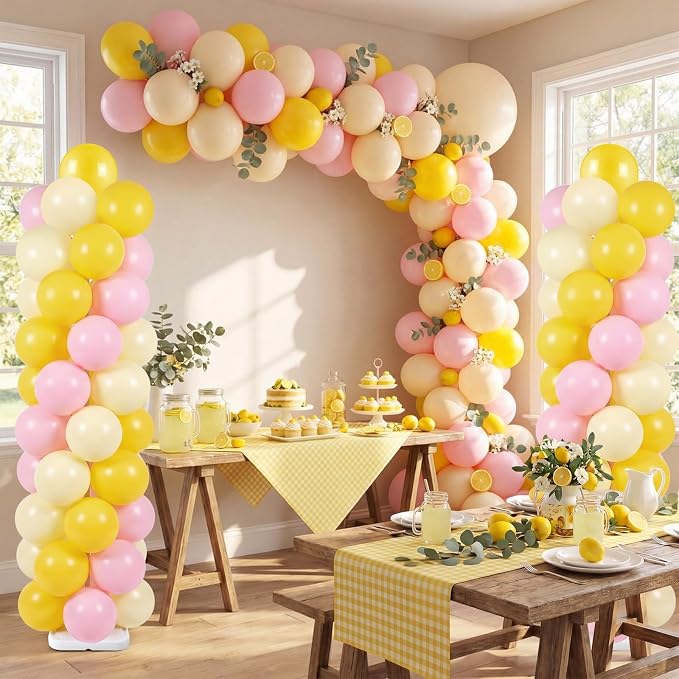 Skylety Lemon Balloon Column Stand Kit, 2 Sets 6.5 Ft Adjustable Balloon Tower Stand with Bases Pastel Yellow Light Pink Balloons Decorations for Birthday Wedding Baby Shower Party Supplies