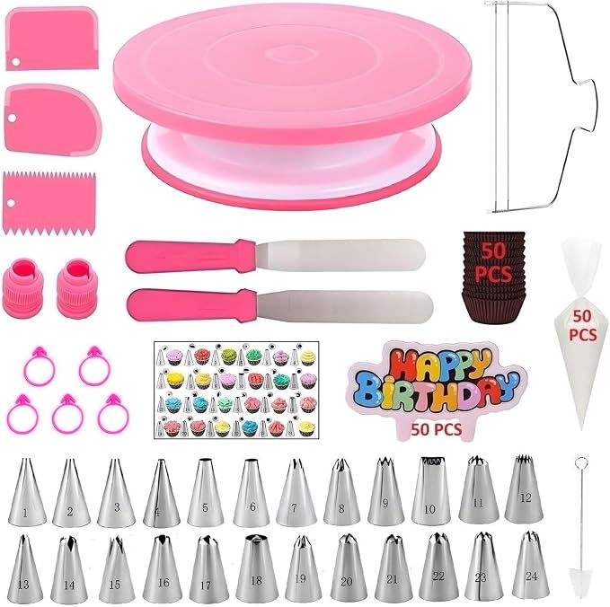 Cake Decorating Kit, 190 Pcs Baking Supplies (Pink) | Cake Turntable, Leveler, 24 Numbered Icing Tips, 2 Spatulas, 3 Scrapers, 50 Cupcake Liners, 100 Pastry Bags & More