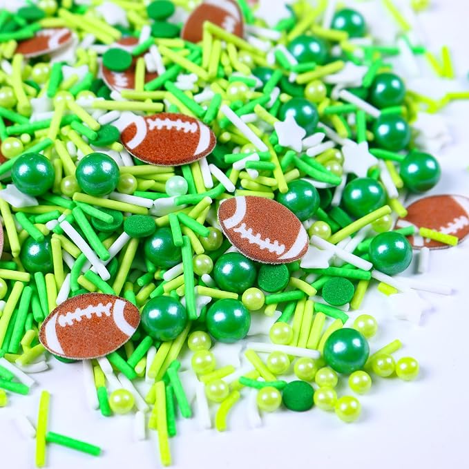 Football Sprinkles for Edible Cake Decorating, Green Sprinkles Mix with Football Edible Rice Paper, 3oz balls Sports Themed Sprinkle for Baking, Cupcakes, Ice Cream, Cookie, Chocolate Decorating