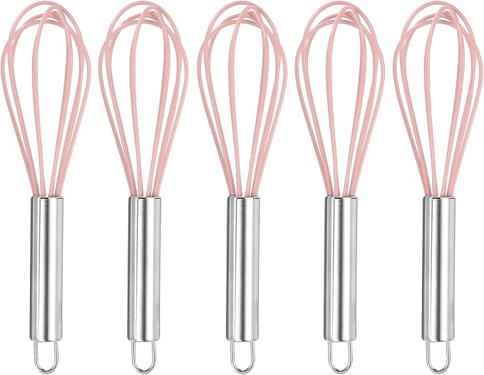 HARFINGTON 5Pcs Silicone Whisk 8" Kitchen Whisk Wire Whisks Beater with Stainless Steel Handle for Egg Milk Whisking Blending Beating & Stirring, Pink