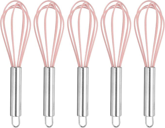 HARFINGTON 5Pcs Silicone Whisk 8" Kitchen Whisk Wire Whisks Beater with Stainless Steel Handle for Egg Milk Whisking Blending Beating & Stirring, Pink