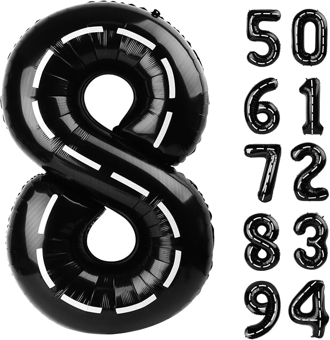 Race Car 8 Balloon, Number Balloons 40 Inch, 8th Black Birthday Decorations for Boys, Racing Party Decorations Birthday Balloons, Number 8 Balloon