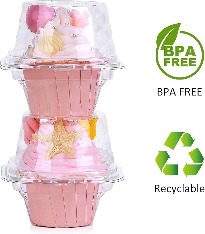Cupcake Boxes Individual Cupcake Containers, 50 Packs Regular Single Cupcake Holder High Topping for Muffins, Thicker Stackable Plastic Cupcake Carrier for Party (50 pack)