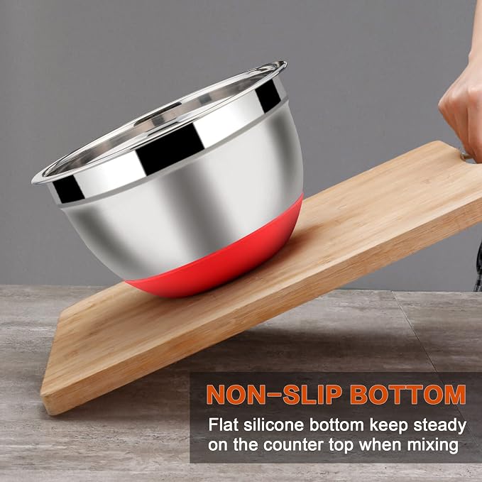 LIANYU Mixing Bowls Set of 6 with Airtight Lids, Size 7, 3.5, 2.5, 2, 1.5, 1QT Large Metal Stainless Steel Nesting Bowls for Cooking, Baking, Food Storage, Non-slip Bottom, Red