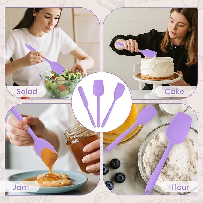 Spatulas Silicone Heat Resistant, Rubber Spatula Food Grade, Handle with Ergonomic Grip Kitchen Utensils Set,Nonstick Silicona Cooking Utensils Set for Cooking and Mixing 3Pacs Purple