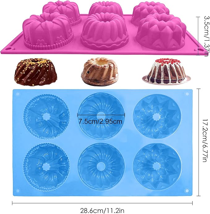 Mini Cake Pan,6-Cavity Fluted Tube Cake Pan, Non Stick Silicone Fancy Baking Molds for jello, Cupcake, Doughnut, Cornbread (Set of 3)