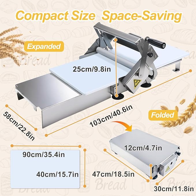 40.5"x22.8" Dough Sheeter Machine with Adjustable Thickness 0-25mm, Folding Dough Sheeter Machine for Commercial Home Bakery, Stainless Steel Portable manual sheeter for Pizza, Puff Pastry(400A)
