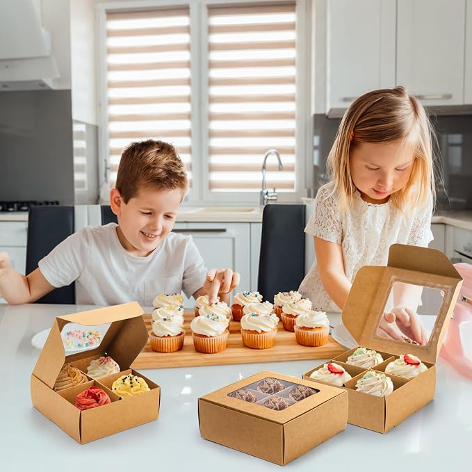 Eorbow 40 Pack Brown Bakery Boxes with Window and Dividers, 6 x 6 Inch Mini Pastry Boxes with 4 Compartments, Kraft Treats Gift Boxes with Inserts, Cupcake Packaging Containers for Pastries Biscuits