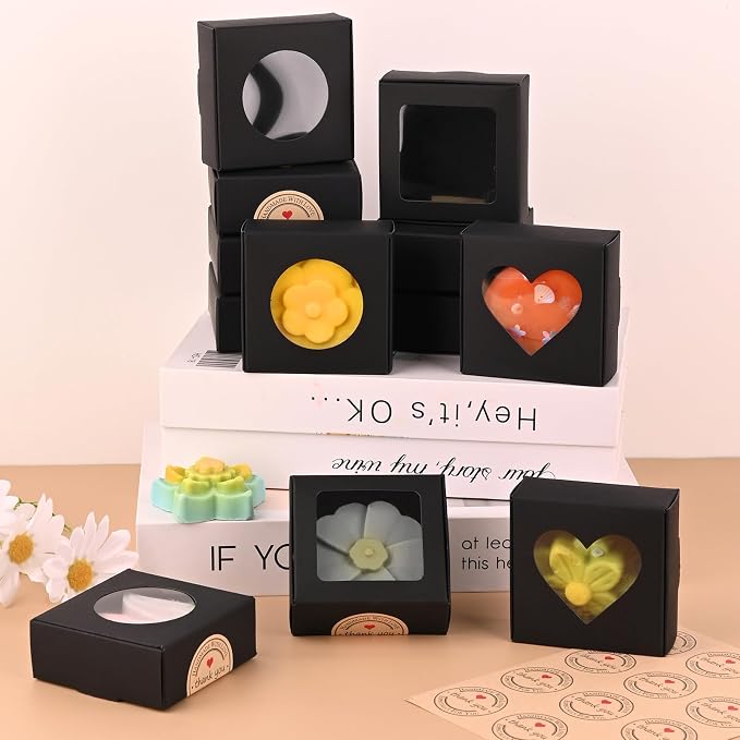 Moukiween 30 PCS Black Soap Boxes for Homemade Soap, 2.95 X 2.95X 1.18 Inch Packaging Gift Boxes with Window, Small Square Soap Wrapping Boxes (Black)