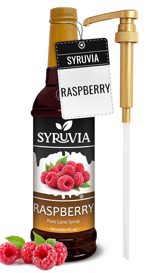 Syruvia Raspberry Syrup, Flavored Syrup for Cocktails, Fruit Drinks, Lemonades, and Desserts – 25.4 fl oz - with Pump