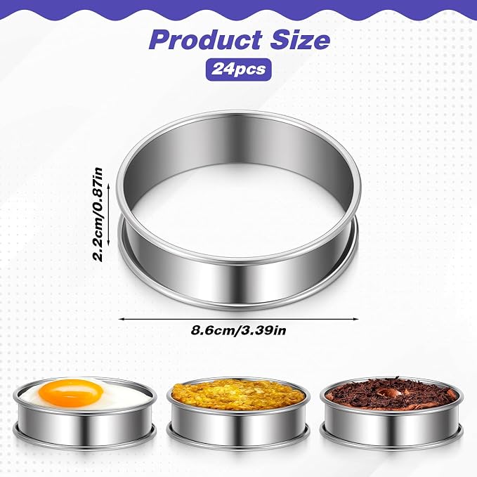 SHENLIU 24 Pieces Stainless Steel English Muffin Rings, 3 Inch Double Rolled Tart Ring Metal Round Nonstick Crumpet Rings Muffin Tart Molds for Food Making Home Baking