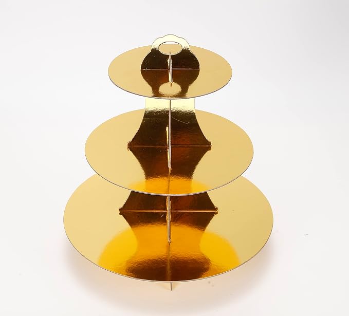 YLDW Cupcake Stand, 3-Tier Cupcake Stand Display, Cardboard Cup Cake Tower Stand, Disposable Dessert Stand for Birthday Tea Party Baby Shower Treat Decorations, Mirror Gold