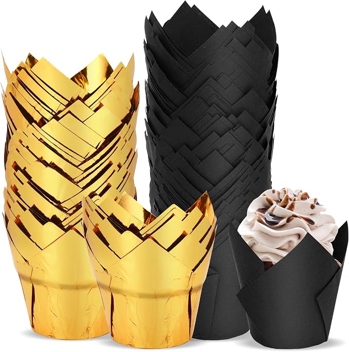 Augshy Muffin Liners, 60 Pcs Black Gold Tulip Cupcake Wrappers for Baking | Greaseproof Paper Muffin Wrappers Holders, Cake Dessert Decorations, Graduation Wedding Birthday New Year Party Supplies
