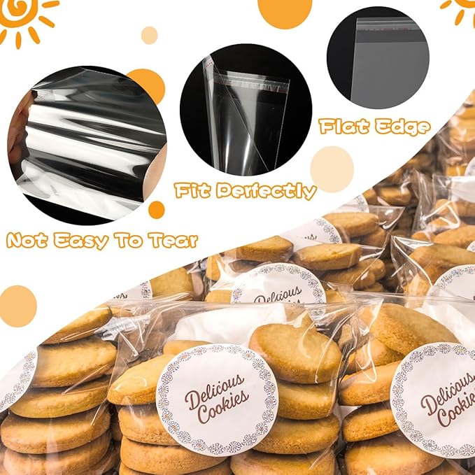 Cidenbio 200 Pcs Thickened Cookie Bags with Seal 5x7 In, Clear Cellophane Treat Bags Self Sealing 3.1 Mils Resealable Plastic Bag for Cookies, Candy, Bread, Party Favors, Bakery, Gift Packaging