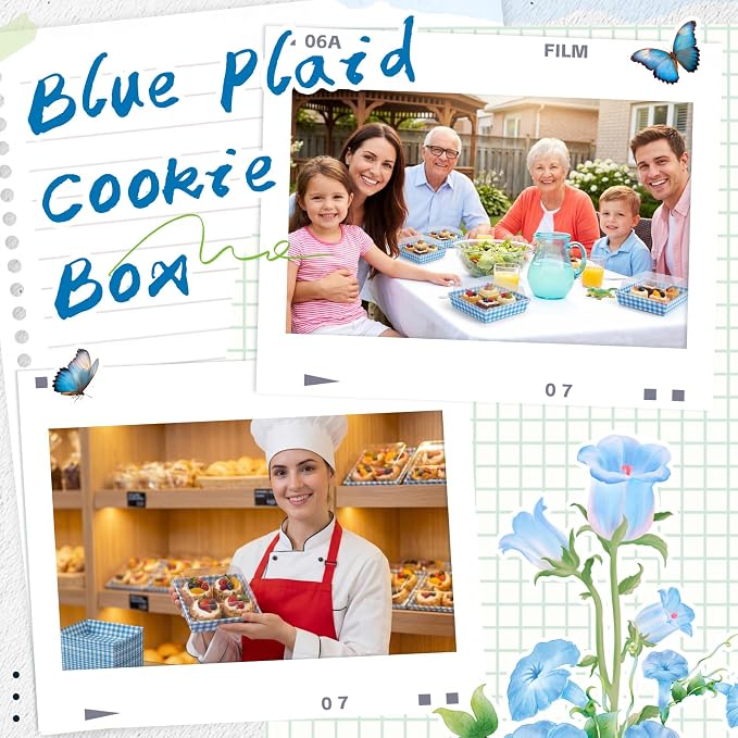 Potchen 50 Pack Blue & White Plaid Charcuterie Boxes with Clear Lids Boxes with Window for Cookies, Candy, and Mini Cakes – Ideal for Gift Giving & Bakery Packaging