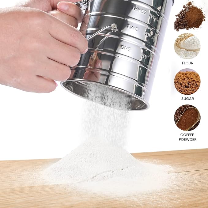 Stainless Steel 3 Cups Flour Sifter for baking | Rotary Hand Crank Powdered sugar shaker and flour duster|