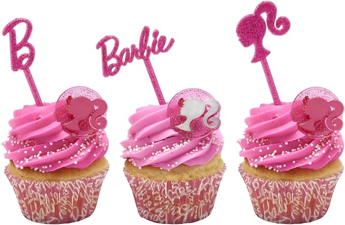 DecoPac Barbie Rings, 24 Barbie Silhouette Cupcake Decorations, Pink Glitter Cake Toppers For Birthday, Parties, Celebrations - 24 Pack