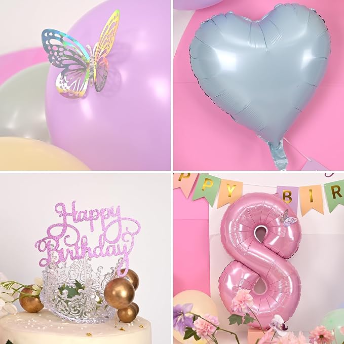 Pastel 8th Birthday Decorations for Girl,Macaron Rainbow 8th Party Decoration Colorful Balloons Banner Star Heart Number 8 Foil Balloon Cake Topper Butterfly Party Decorations 8 Year Old Decor