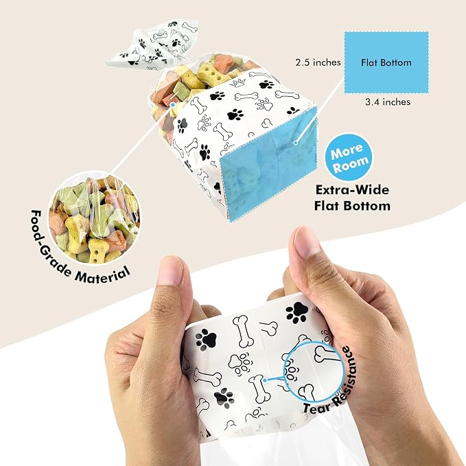 EKAPACKAGING 25Pcs 6x10 Inches Paw Print Flat Bottom Treat Bags with Twist Ties, Stand Up Dog Treat Bags for Puppy Birthday, Clear Goodie Bags for Pet Party Favors, Dog Gift Bags for Pet Biscuits