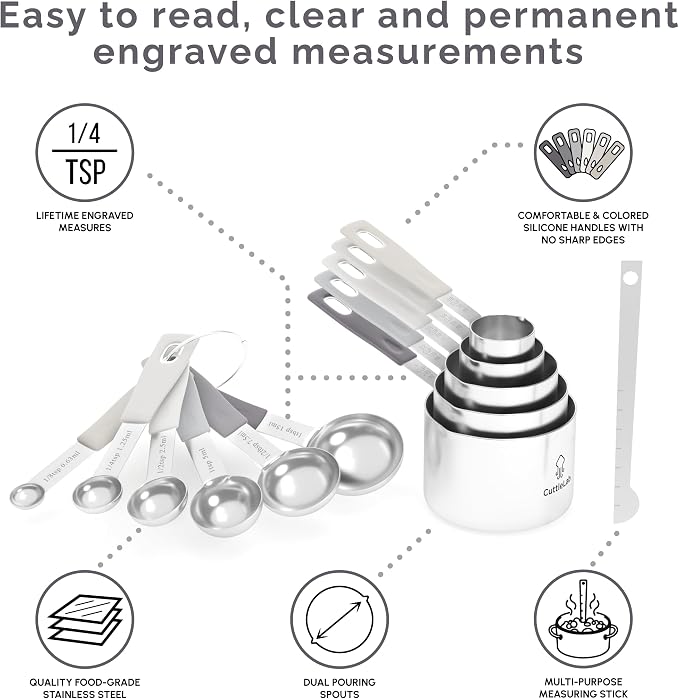 CuttleLab Measuring Cups and Measuring Spoons Set of 14 - Stainless Steel Measuring Cups and Spoons Set, Includes 1/8 Teaspoon Measuring Spoon, 1/8 Cup Measuring Cup, Leveler Dry (14, Charcoal)