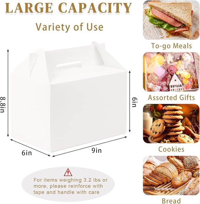 TryDrem 10 PCS Large Gable Boxes with Handles, 9x6x6 Inch Spacious Capacity Party Favor Boxes, White Treat Box for Gifts, Bread, Cookies, Lunch, Bakery, Wedding, Birthday, Picnic