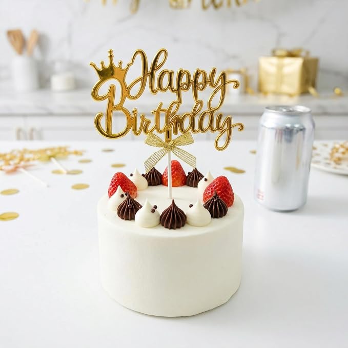 Elegant Acrylic Birthday Cake Topper with Crown & Bow Design - Reusable Decoration for Party, Wedding, Baby Shower (Gold)