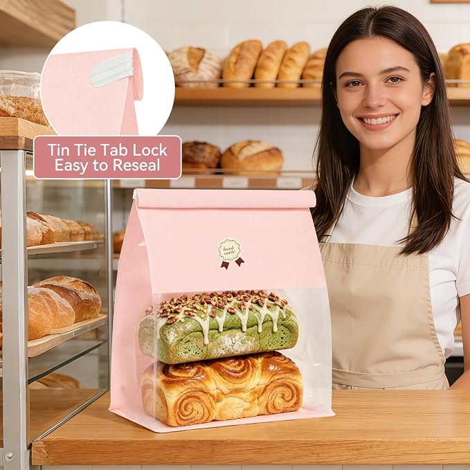"Funcoo Paper Bread Bags with Tabs for Homemade Sourdough Bread, Pink Bakery Bread Bags with Window/Tin Tie Tab Lock, Large Bakery Loaf Bag for Baked Goods Packaging" (50, X-Large)
