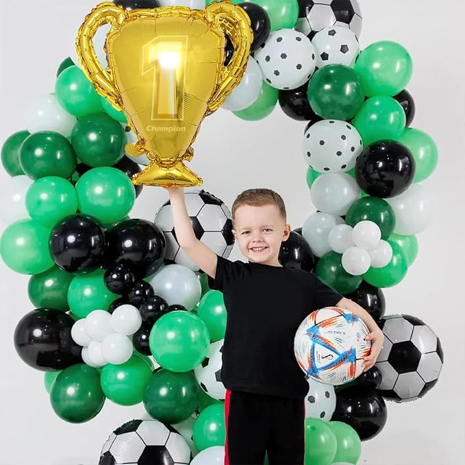 Soccer Balloon Arch Kit Boys, Green Balloon Arch Kit with Football Trophy Balloons Dark Green Black White Latex Balloon Metallic Silver Balloon for Baby Shower Birthday Soccer Party Decorations