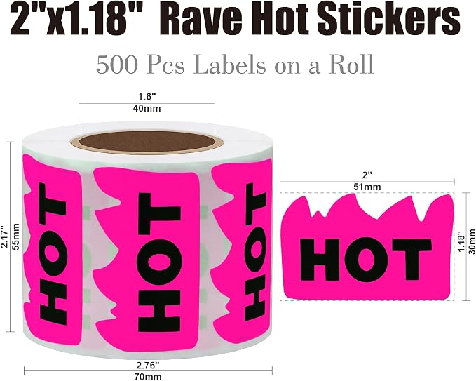 Hybsk 500pcs Rave Hot Stickers 2 x 1-1/5 Inch Fluorescent Hot Flame Fire Shape Labels Marking for Restauresent Supermarkets Stores Shops (Fluorescent Pink)