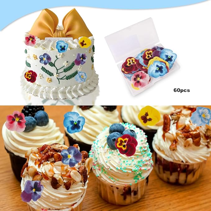 Edible Flowers Cake Decorations Set of 60PCs, Edible Pansies Cake Decorations Wafer Paper Flower Cupcake Toppers for Various Occasions