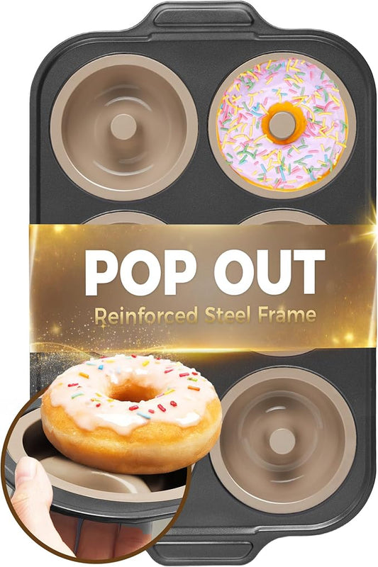 BRONYPRO Silicone Donut Pan for Baking with Metal Reinforced Frame, 6-Cavity Nonstick Doughnut Mold, Large Donut Size, Food-Grade Bakeware, Oven Dishwasher Freezer Safe, Gray