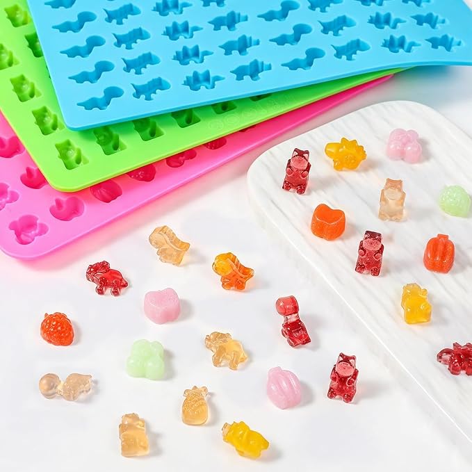 Gummy Candy Molds with 2pcs Droppers, Silicone Bear Dinosaur Fruit Snack Molds, Non-stick Silicone Chocolate Molds for Gummies Candy Chocolate Baking