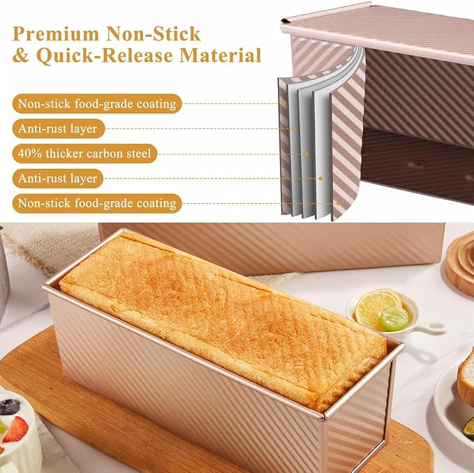 AXIM Pullman Loaf Pans with Lids – 2.2 LB & 1 LB Dough Capacity,Carbon Steel Bread Tins,Loaf Tin for Baking Homemade Sandwich and Sourdough Bread