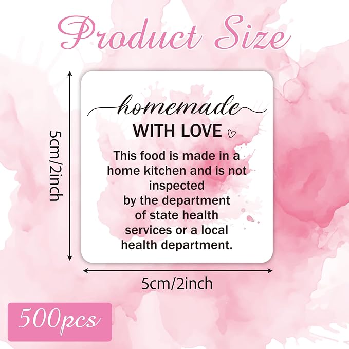 PANTIDE 500 Count Pink Watercolor Cottage Food Law Labels Sticker | Homemade with Love, Adhesive Square Decal Roll, Made in A Home Kitchen Inspection Statement, for Food Packaging, 2 x 2 Inch