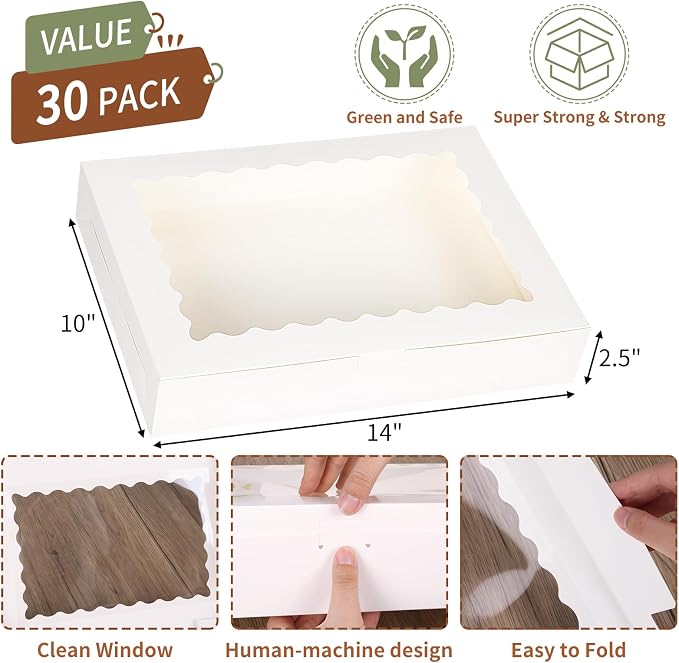 TOMNK 30pcs Cookie Boxes, 14x10x2.5 Inch Large Treat Boxes with Window for Treats, Pies, Chocolate Strawberries Muffins, Donuts, Dessert