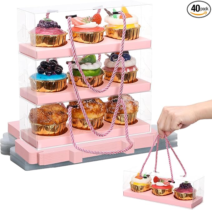 EUSOAR Cupcake Containers, 40 Pcs 9"x3"x3" Pink Clear Muffins Pastry Container 3 Compartments with Gift Handle, Rectangular Portable Dessert Holder Cookies Wrappers for Birthday Wedding Party Bakery