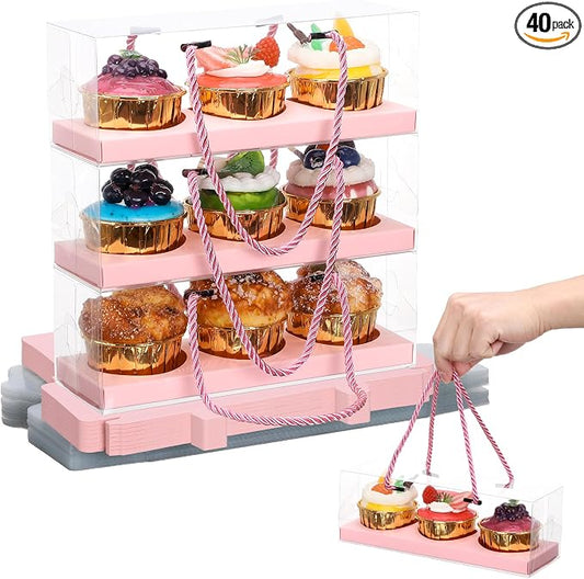 EUSOAR Cupcake Containers, 40 Pcs 9"x3"x3" Pink Clear Muffins Pastry Container 3 Compartments with Gift Handle, Rectangular Portable Dessert Holder Cookies Wrappers for Birthday Wedding Party Bakery