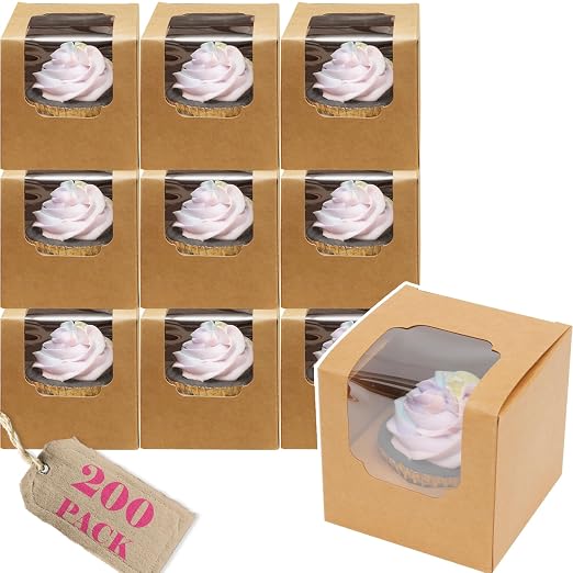 qiqee Brown Auto-pop up Cupcake Boxes Individual Cupcake 3.5x 3.5x 3.5inch 200pcs Single Cupcake Boxes
