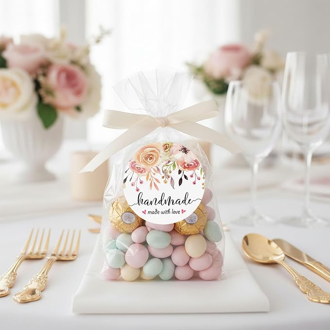 Floral Handmade with Love Stickers, 1.6 Inch Small Round Circle Adhesive Labels for Small Business, Gift Packaging, Envelopes, Baked Goods, Craft Tags, Wedding Favors 120Pcs(Handmade)