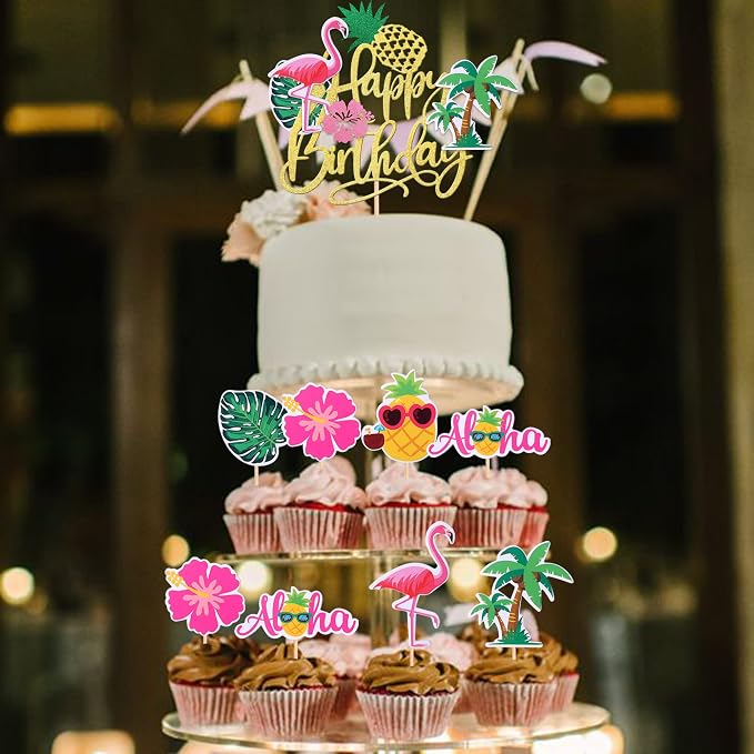 25 PCS Tropical Luau Cupcake Toppers with Happy Birthday Flamingo Cake Topper Palm Tree Flamingo Pineapple Aloha Cupcake Picks Decorations for Hawaiian Luau Theme Birthday Party Supplies