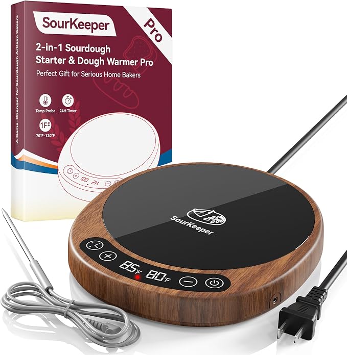 SourKeeper, Larger 2-in-1 Sourdough Starter Warmer Pro - 2026 Upgrade Larger Heating Plate, Dough Temp Probe, 1°F Control (70–110°F), 24H Timer, Real-Time Monitoring Walnut,6.5inch