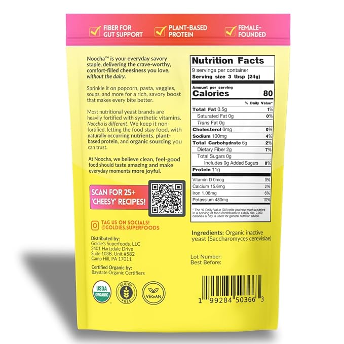 NOOCHA Organic Nutritional Yeast Flakes – Non-Fortified, Vegan Cheese Seasoning, Dairy-Free, Gluten-Free, High Protein Savory Sprinkle for Popcorn, Pasta & Veggies – 8 oz