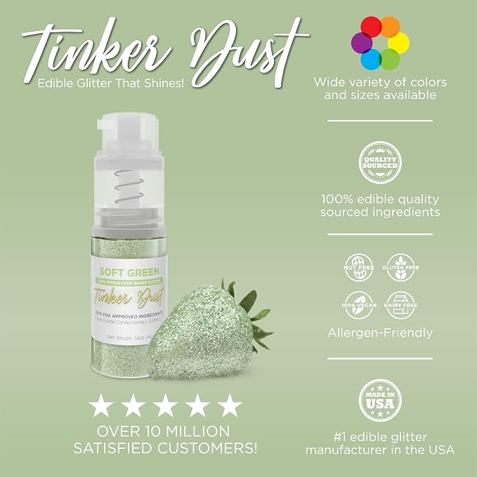 Bakell - Soft Green Tinker Dust (4g, 1x Mini Spray Pump) Edible Glitter for Food, Desserts, and Baked goods!
