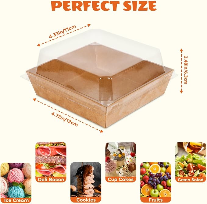 100Pcs Small Charcuterie Boxes with Clear Lids - Paper Mini Charcuterie Boxes To Go, Disposable Food Container with Lid, Dessert Boxes for Sandwich, Cookie, Sushi, Cake Slice, and Strawberries