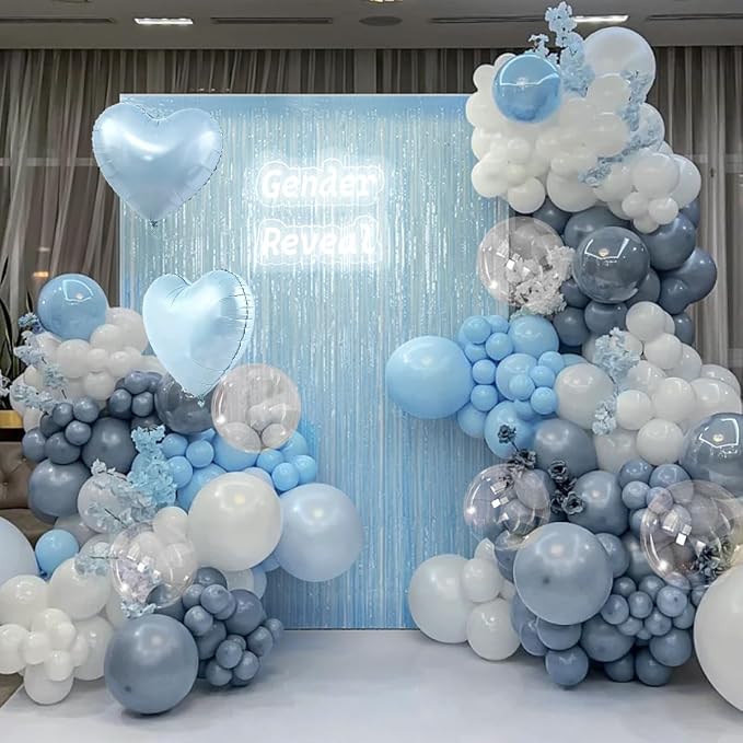 157PCS Pastel Blue and White Balloons Garland Arch Kit with Light Blue Fringe Curtain for Bridal Baby Shower Birthday Engagement Wedding Winter Wonderland Dance Party Decorations