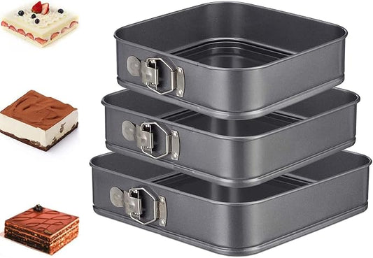 Springform Cake Pan Square 9.5inch,10inch,11inch, Set of 3 non stick leakproof cake baking pans with removable bottom, Non Stick Carbon Steel…